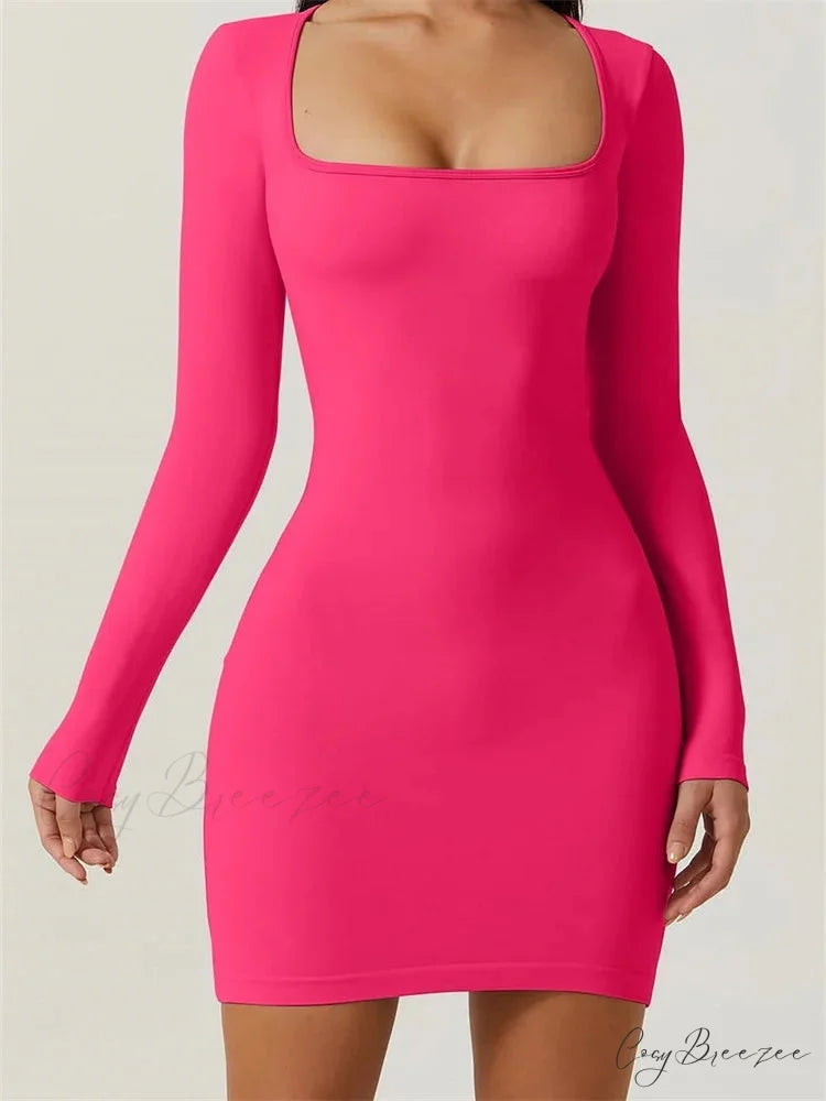 Elegant Long Sleeve Pencil Square Neck Low Mini Dress PINK / S