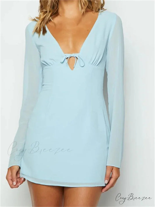 Elegant Long Sleeve Solid Casual Deep V Neck Mini Dress Blue / S