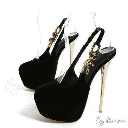 Elegant Metal Butterfly-Chain Back-Strap Extreme High Platform Prom Wedding Sexy Pumps High Heel Black / 35