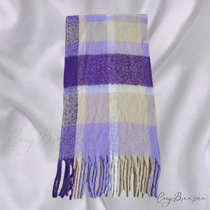 Elegant Minimalist Plaid Long Shawl Thickened Warm Scarf for Women Purple yellow / L231cm W53cm