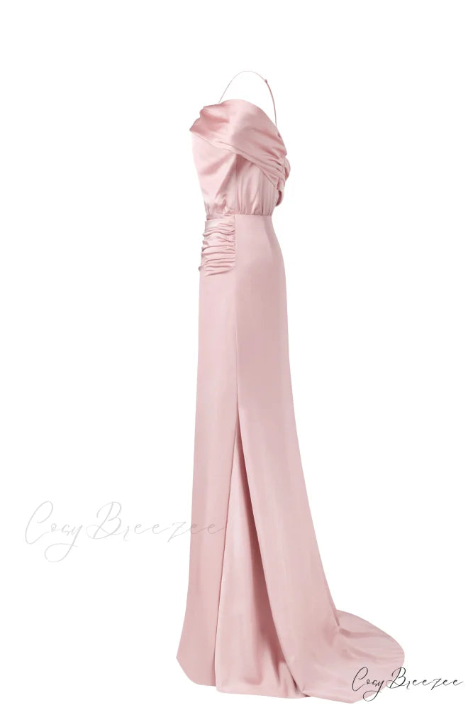 Elegant Misty Rose Charming Off-The-Shoulder Silk Maxi Dress