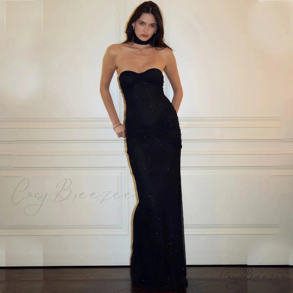 Elegant Off-Shoulder Glitter Fishtail Maxi Dress