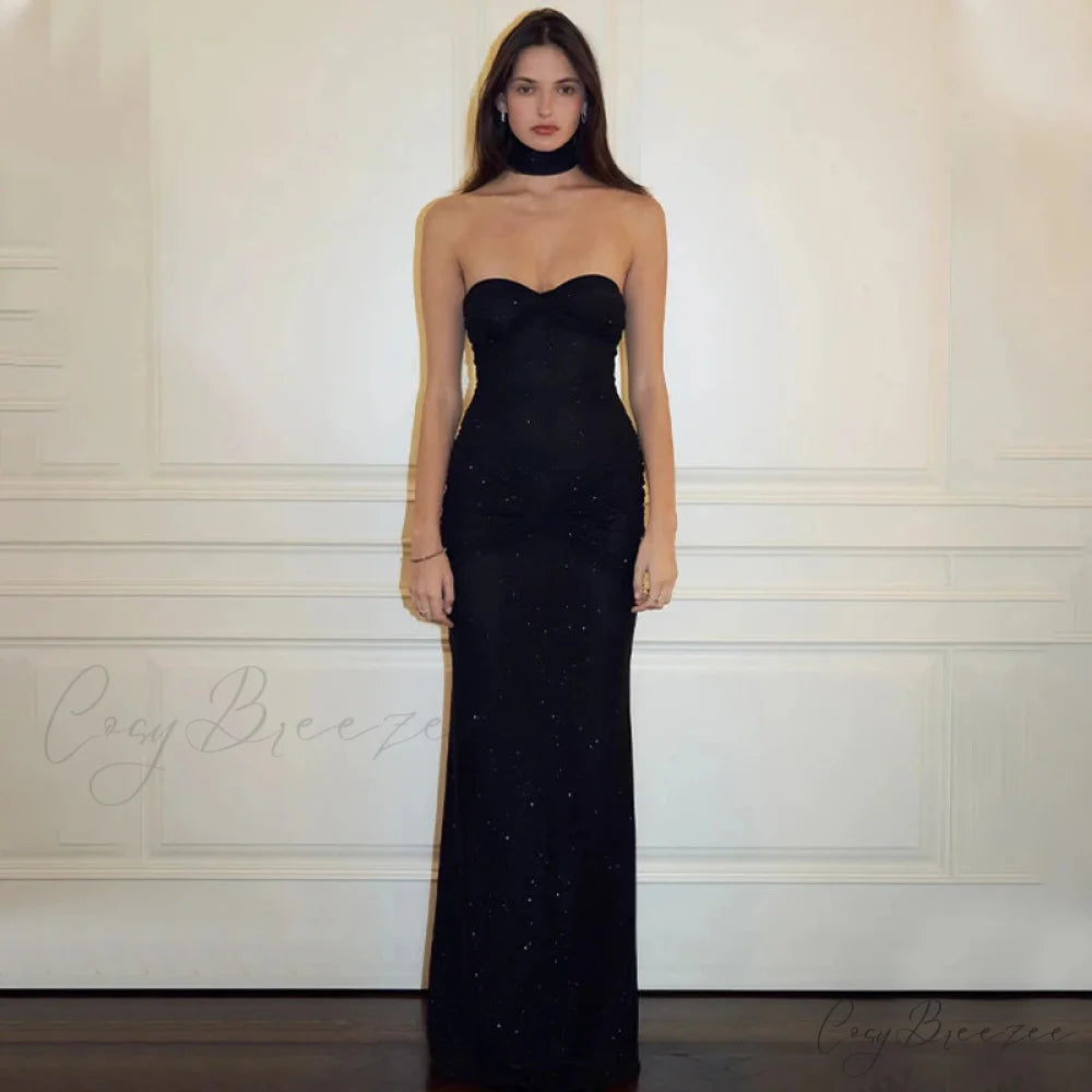 Elegant Off-Shoulder Glitter Fishtail Maxi Dress Black / S