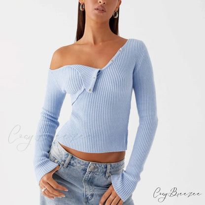 Elegant Off Shoulder Ribbed Solid Crop Slim Fit Knit Top Blue / S knittop-250126