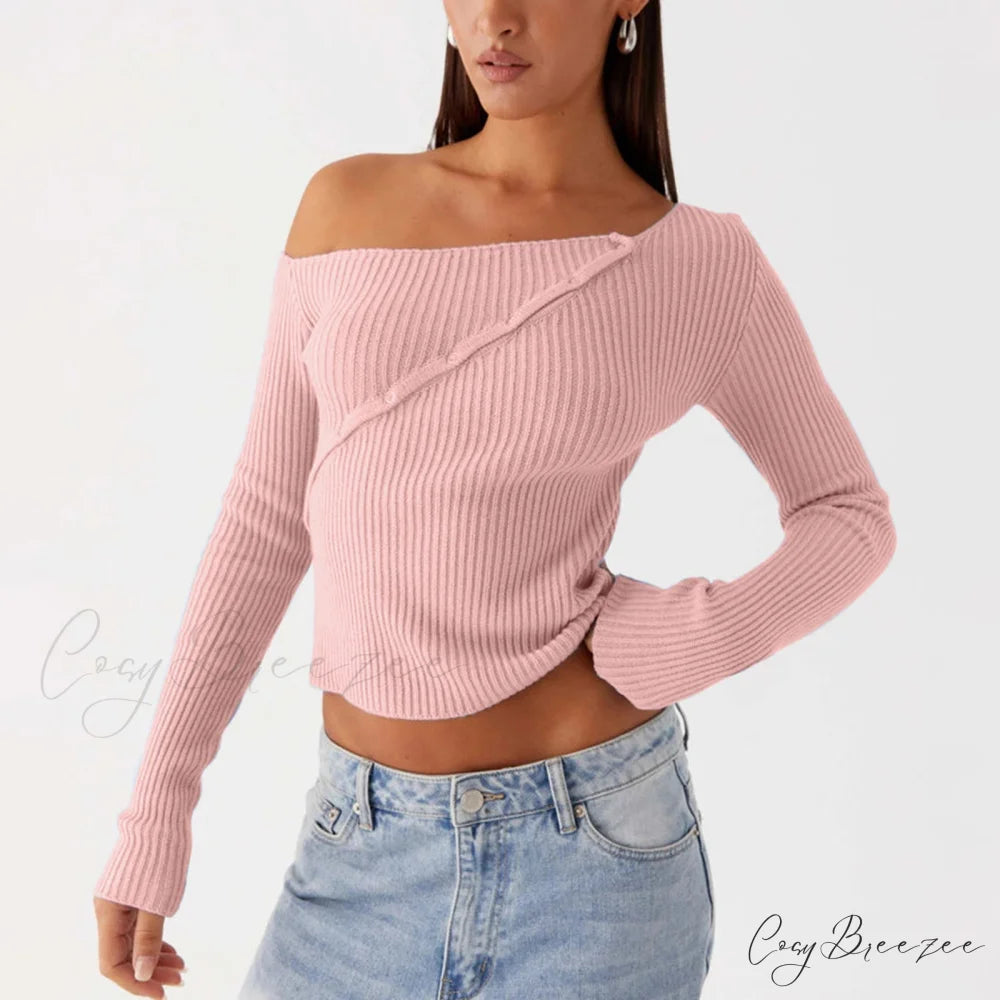Elegant Off Shoulder Ribbed Solid Crop Slim Fit Knit Top knittop-250126