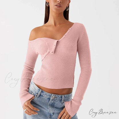 Elegant Off Shoulder Ribbed Solid Crop Slim Fit Knit Top Pink / S knittop-250126