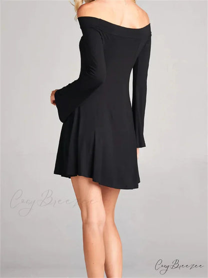 Elegant Off Shoulder Solid Color Long Sleeve Party Mini Dress