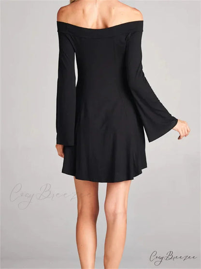 Elegant Off Shoulder Solid Color Long Sleeve Party Mini Dress