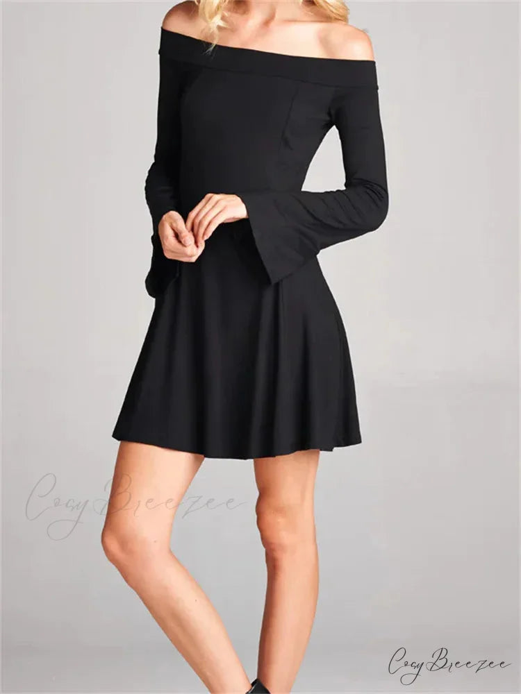 Elegant Off Shoulder Solid Color Long Sleeve Party Mini Dress