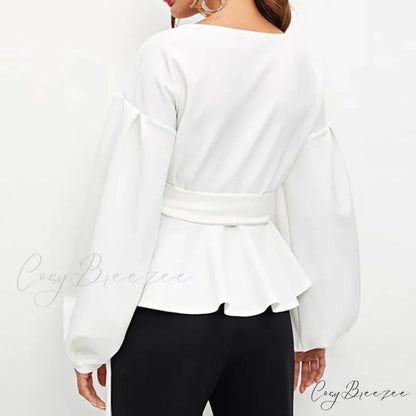 Elegant Off-shoulder V-neck Lace-up Slim Crop Top blouse-250126