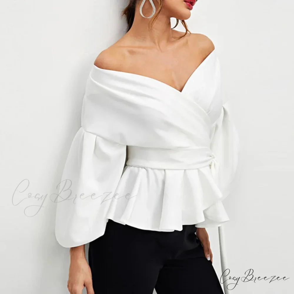 Elegant Off-shoulder V-neck Lace-up Slim Crop Top blouse-250126