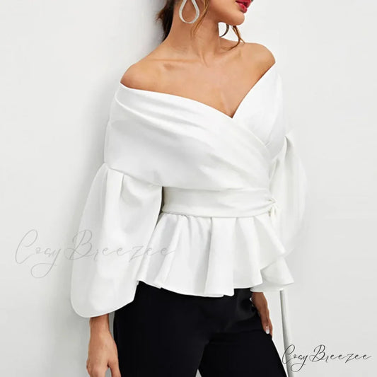 Elegant Off-shoulder V-neck Lace-up Slim Crop Top blouse-250126