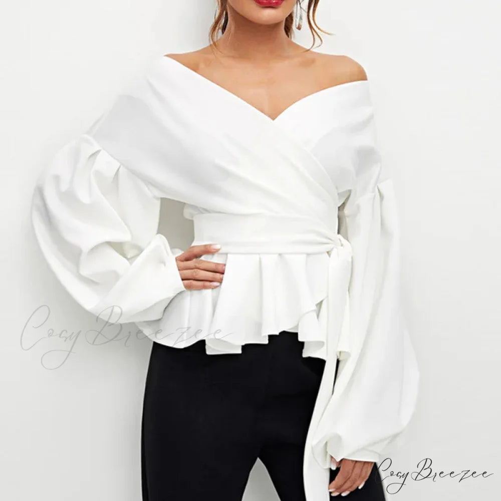 Elegant Off-shoulder V-neck Lace-up Slim Crop Top WHITE / S blouse-250126