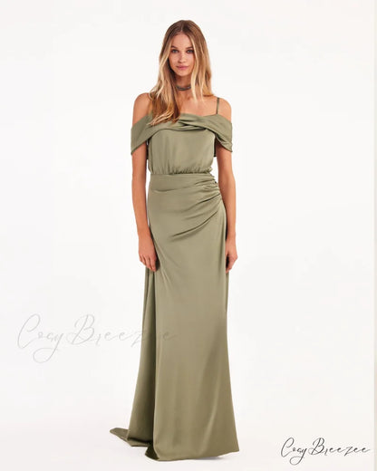 Elegant Olive Off-The-Shoulder Charming Silk Maxi Dress