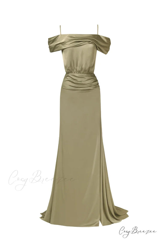 Elegant Olive Off-The-Shoulder Charming Silk Maxi Dress XXS / Olive