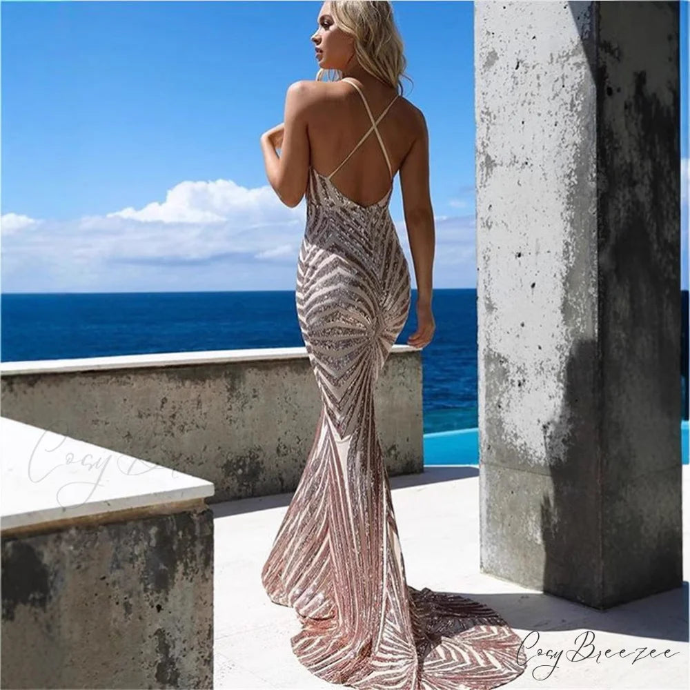 Elegant Open-Back Lace Glitter Formal Dress promdress-250223
