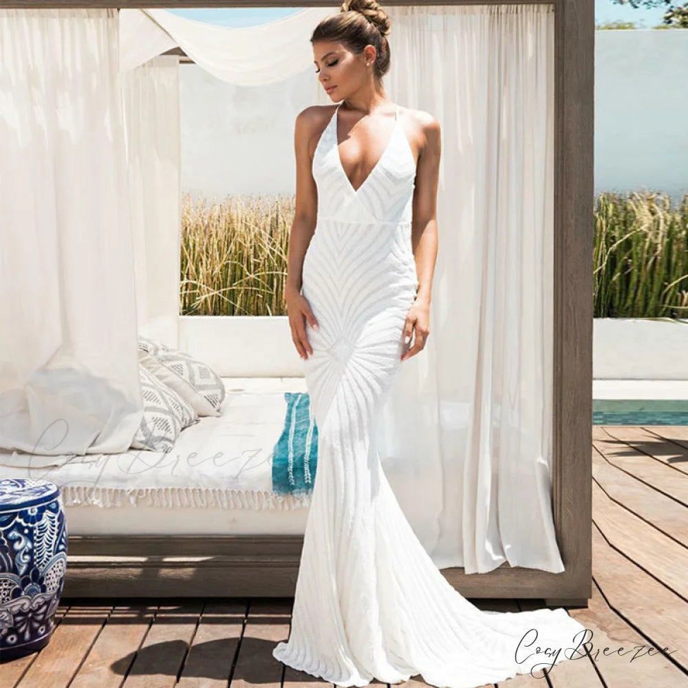 Elegant Open-Back Lace Glitter Formal Dress white / S promdress-250223