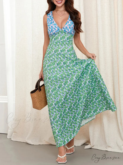 Elegant Patch Color Floral Flowy Backless V-neck Tank Beach Dress GREEN / S floraldress-250126