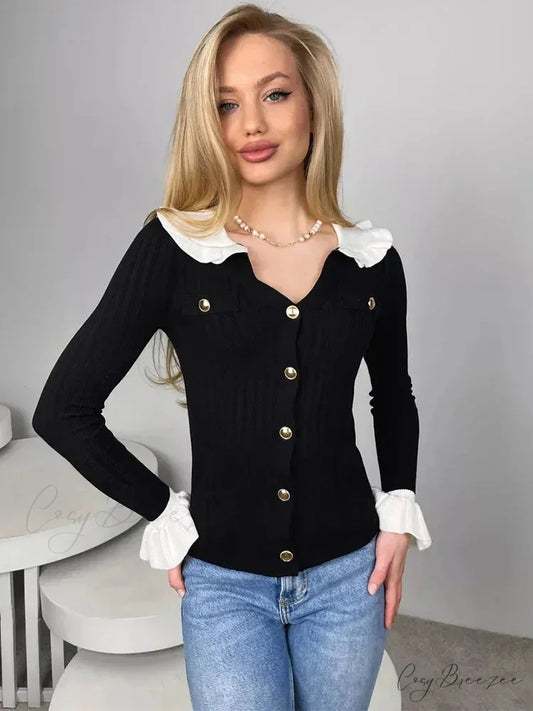 Elegant Patchwork Ruffle Full Sleeve Cardigan cardigans-241228