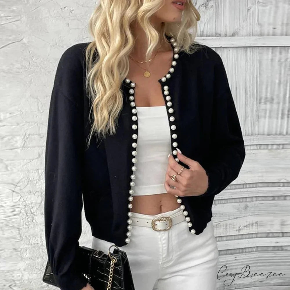 Elegant Pearls Long Sleeve Knit White Cardigan Black / S cardiagn-250126