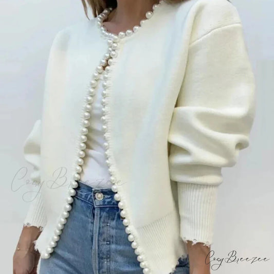 Elegant Pearls Long Sleeve Knit White Cardigan WHITE / S cardiagn-250126