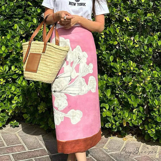 Elegant Pink Floral Printed Mid Waist Slit Midi Pencil Skirt Pink / S skirt-250126