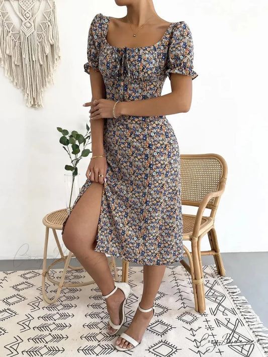 Elegant Pleated A-line Floral Print Casual Dress oldfloraldress-250126