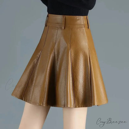Elegant Plus Size New Fashion Korean Genuine Real Leather High Waist Skirt BROWN / S