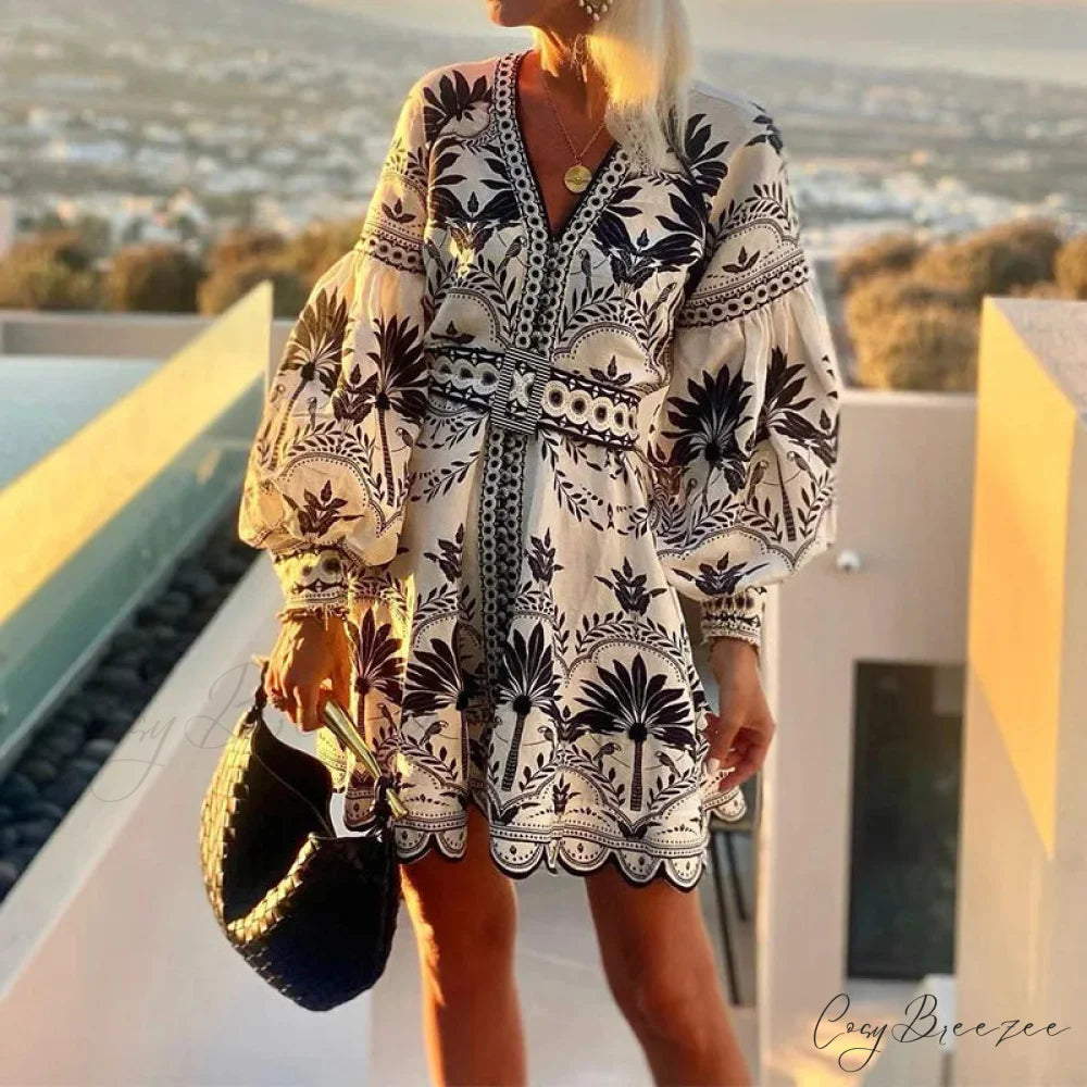 Elegant Print V-neck A-line Boho Dress Black / S bohodress-250126