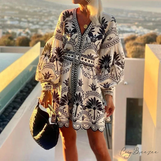 Elegant Print V-neck A-line Boho Dress Black / S bohodress-250126