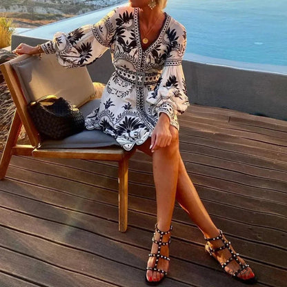 Elegant Print V-neck A-line Boho Dress bohodress-250126