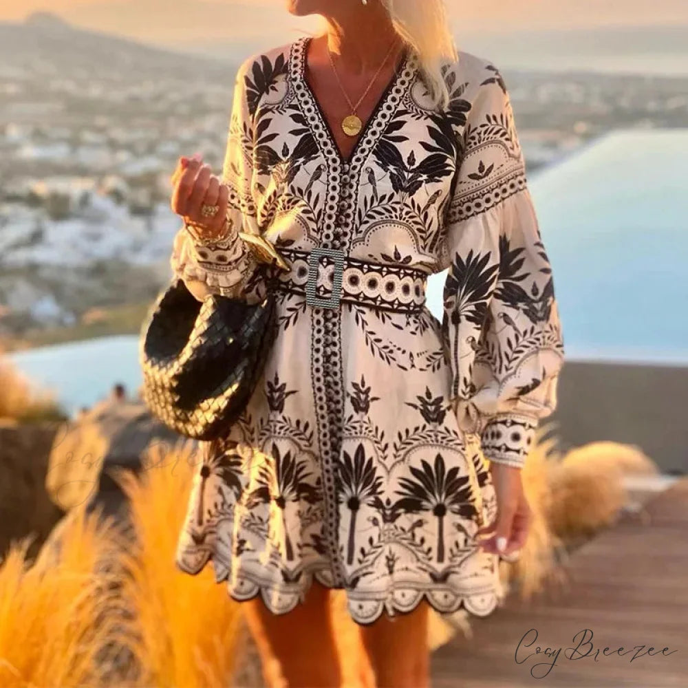 Elegant Print V-neck A-line Boho Dress bohodress-250126