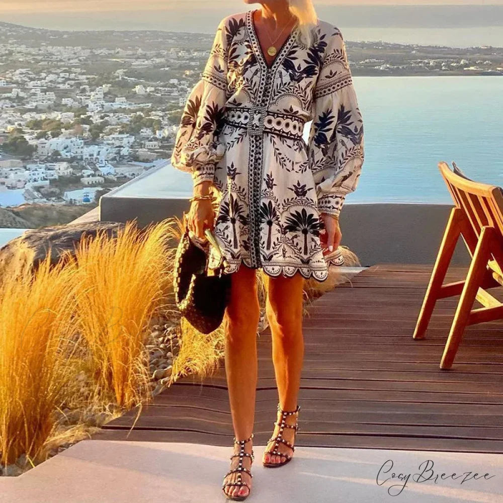 Elegant Print V-neck A-line Boho Dress bohodress-250126