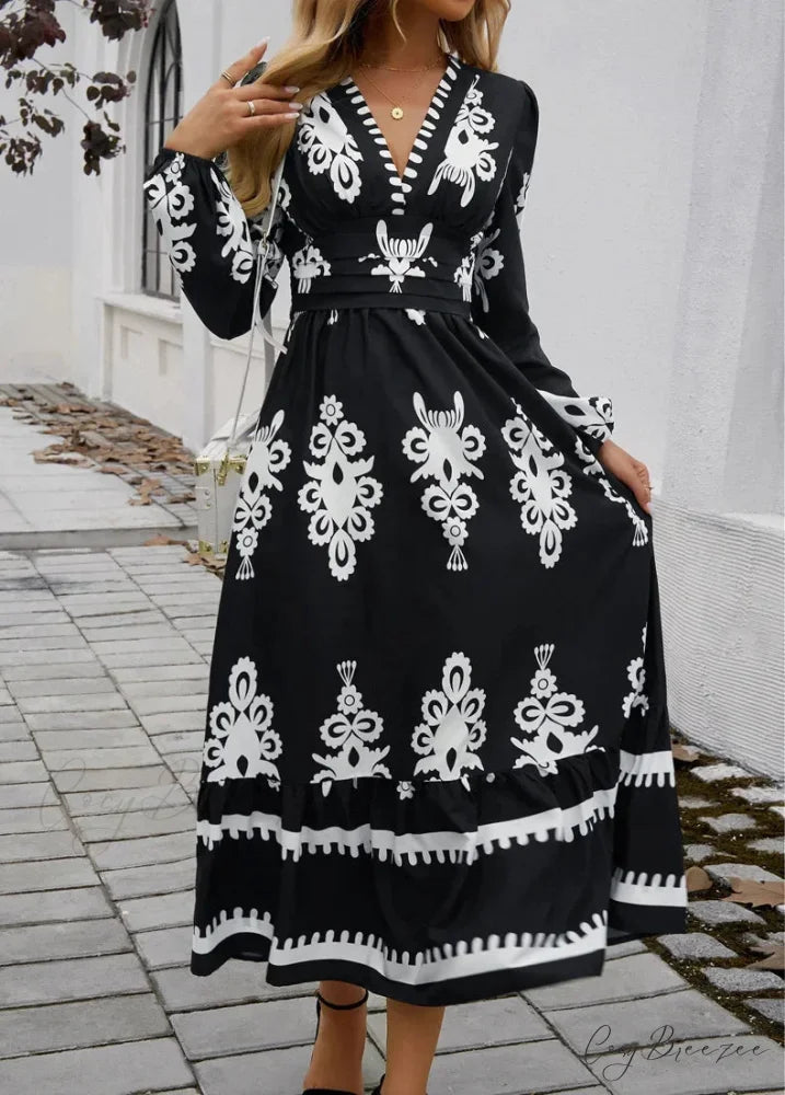 Elegant Printed V-neck A-line Boho Dress bohodress-250126