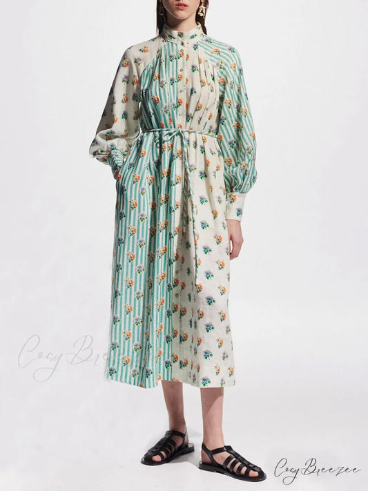 Elegant Puff Sleeve Charming Printed Shirt Dress Blue / S