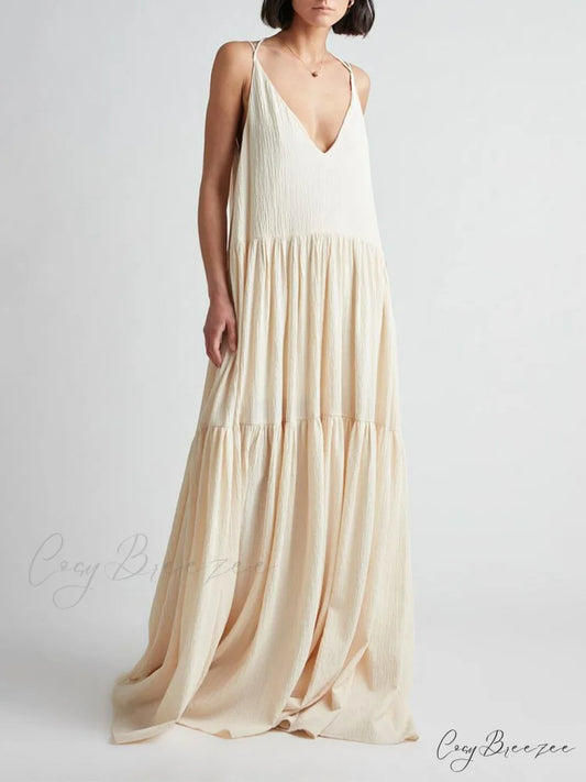 Elegant Resort Deep Charming V-Neckline Strappy Maxi Dress Beige / S
