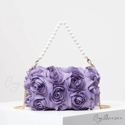 Elegant Rose Flower Faux Pearl Metal Chain Clutch Lavender clutchbag-250126