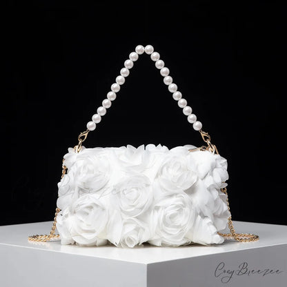 Elegant Rose Flower Faux Pearl Metal Chain Clutch WHITE clutchbag-250126