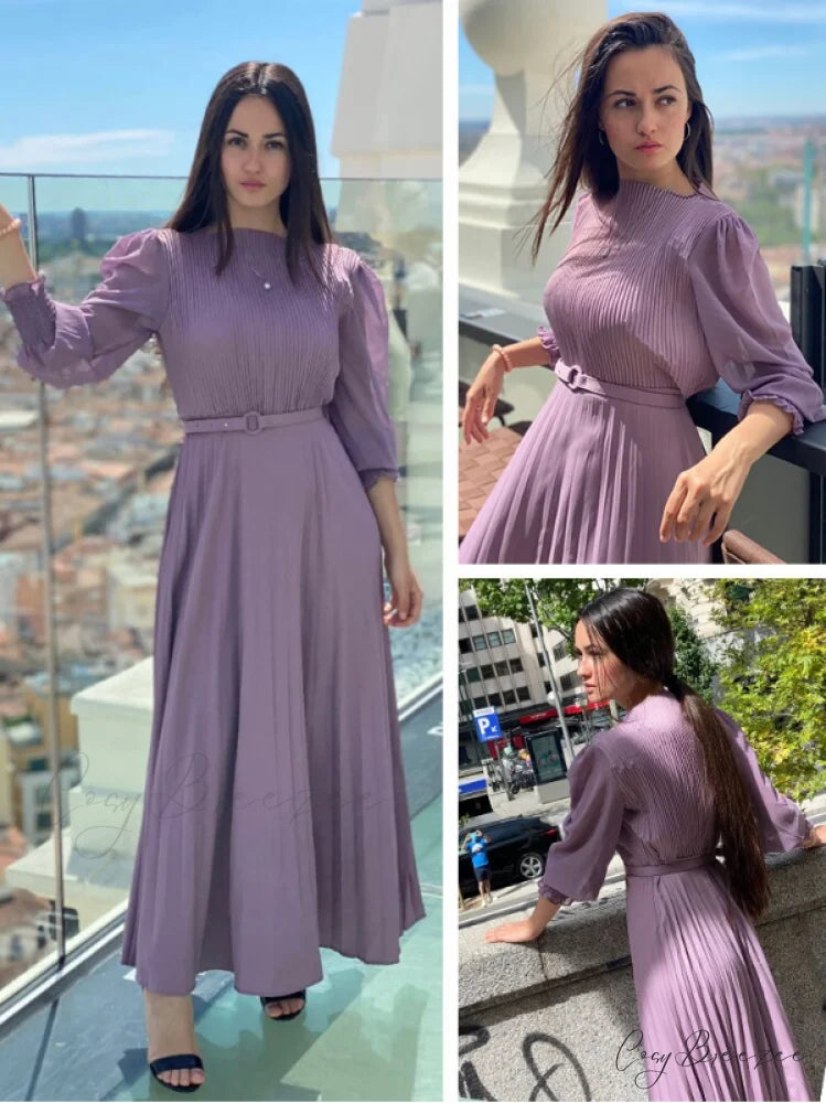 Elegant Round Neck Long Sleeve French Pleated Long Skirt for Women