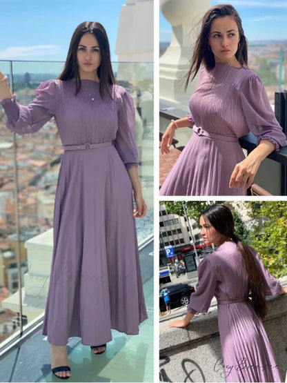 Elegant Round Neck Long Sleeve French Pleated Long Skirt for Women