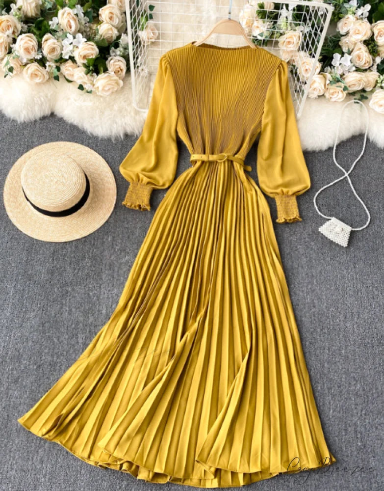 Elegant Round Neck Long Sleeve French Pleated Long Skirt for Women