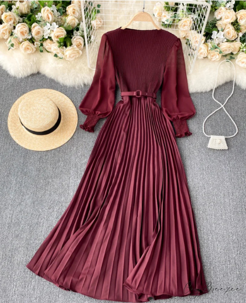 Elegant Round Neck Long Sleeve French Pleated Long Skirt for Women