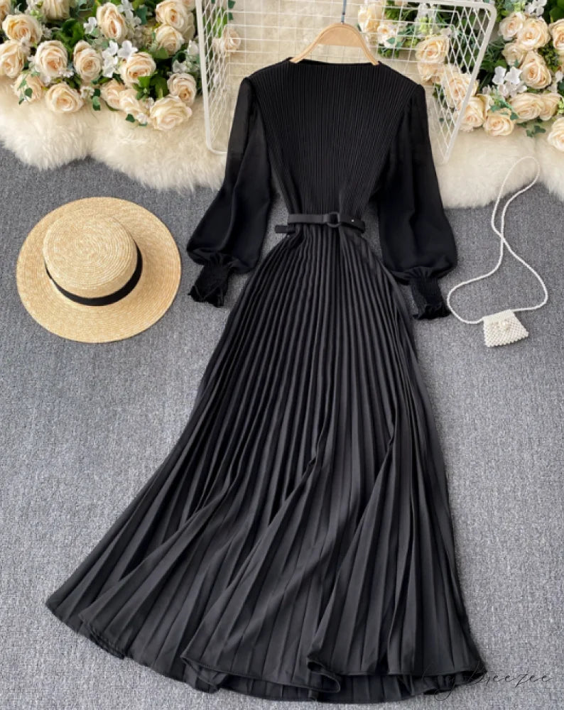 Elegant Round Neck Long Sleeve French Pleated Long Skirt for Women