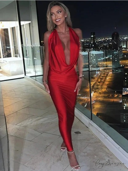 Elegant Satin Deep V Neck Sleeveless Maxi Christmas Party Dress