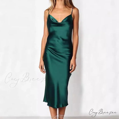 Elegant Satin Long Dresses Green Party Sexy Evening Backless Summer Christmas Party Dress