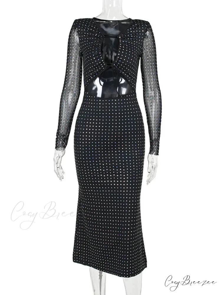 Elegant Sequin Sparkle Hollow Out Sexy Boho Dress Black / S
