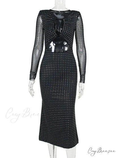 Elegant Sequin Sparkle Hollow Out Sexy Boho Dress Black / S
