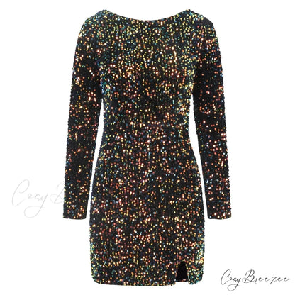 Elegant Sequined Elastic Waist Ruffled Lace-Up Summer Dress