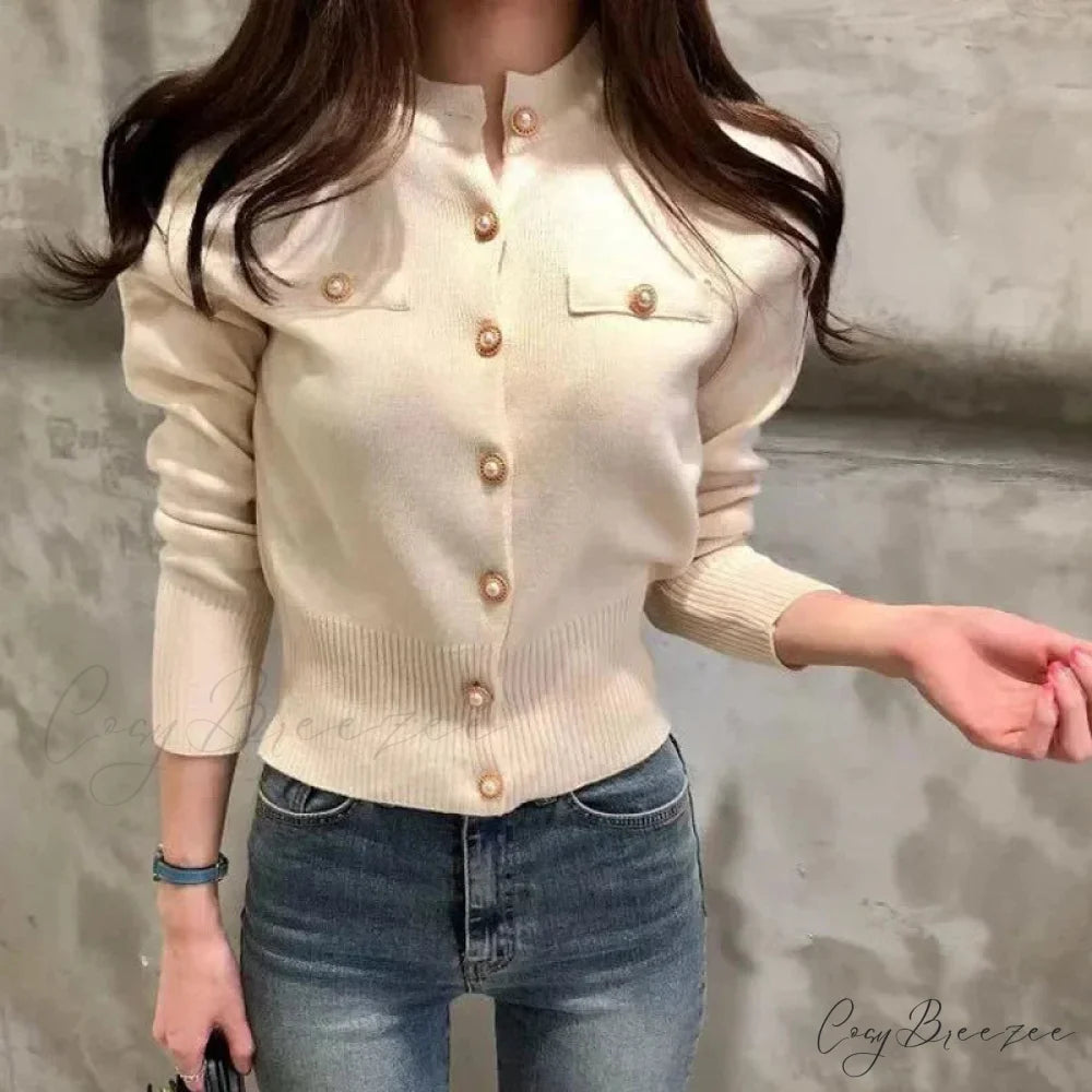 Elegant Short Vintage Knit Casual Cardigan Beige / One Size cardiagn-250126