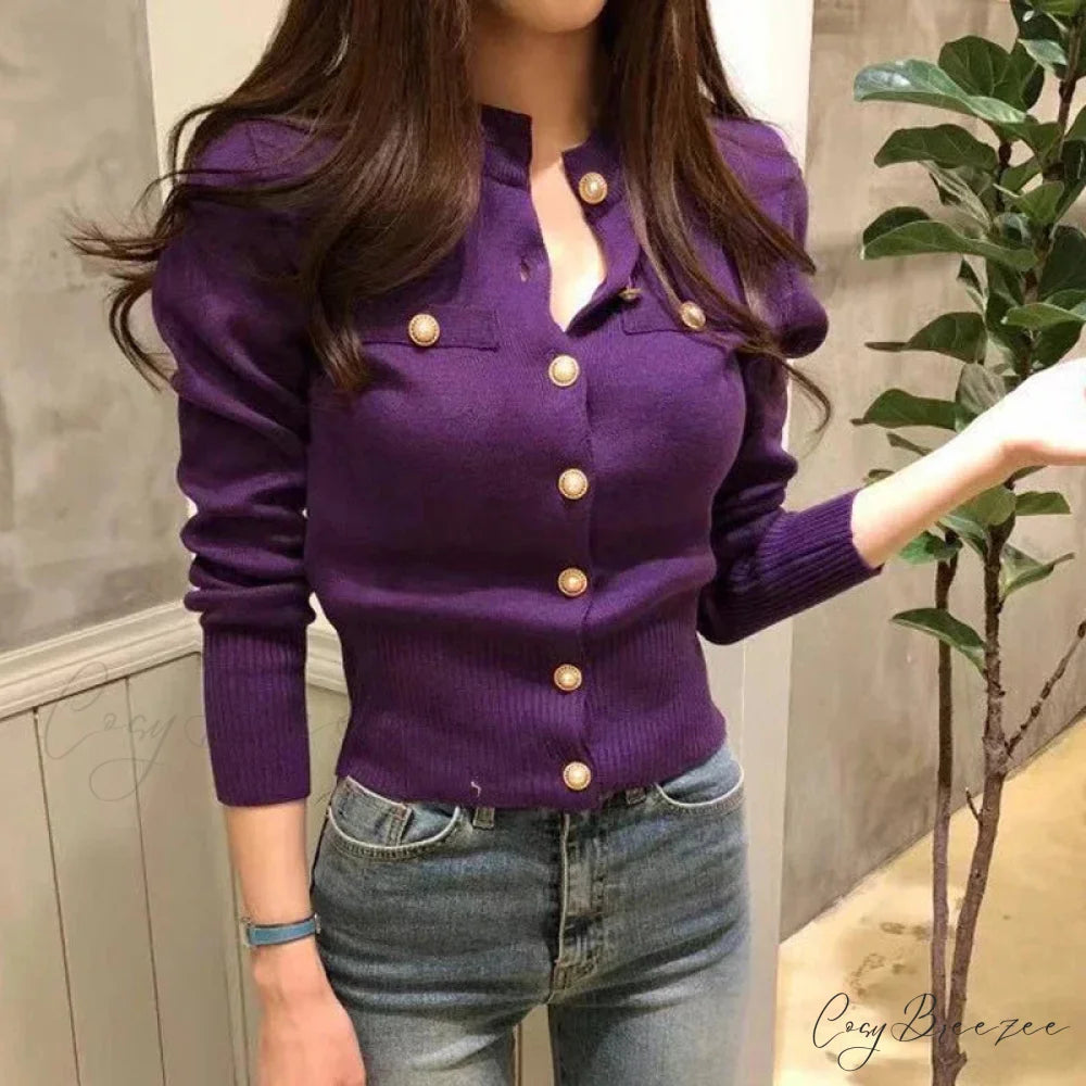 Elegant Short Vintage Knit Casual Cardigan PURPLE / One Size cardiagn-250126